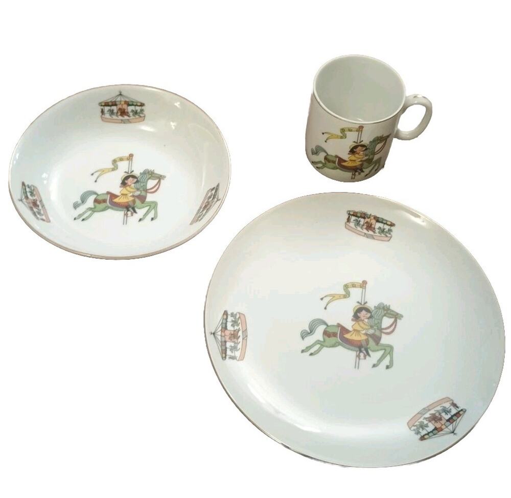 Vtg set Lefton China Set Plate Bowl Cup Mug Children Girl Carousel Horses Japan